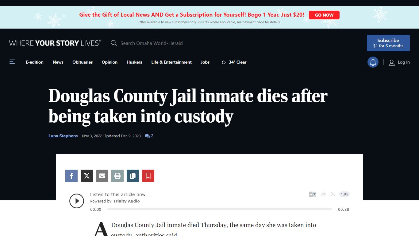 Douglas County Jail inmate dies after being taken into custody